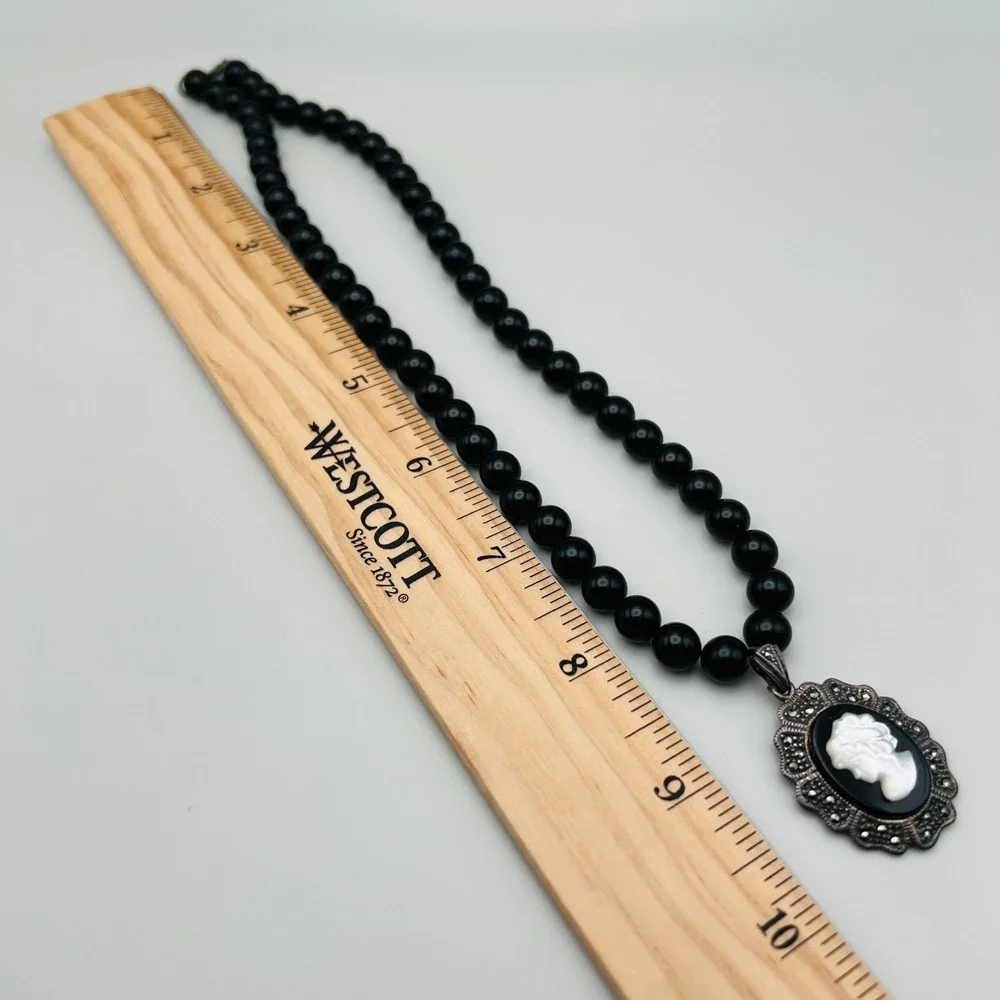 Vintage Mother of Pearl Cameo Sterling Silver Marcasite Frame Black Beaded Chain